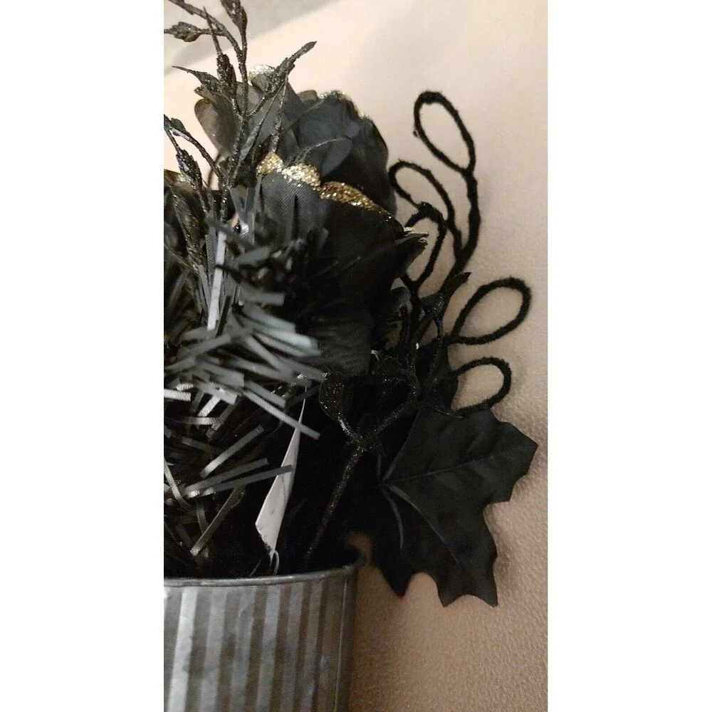 Artificial Flower Bouquet Arrangement Corrugated Tin Vase Black Gold Gray Rose